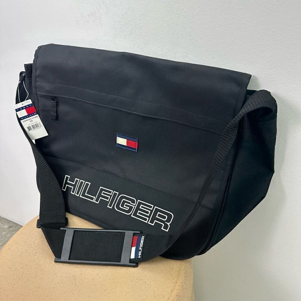 Tommy Hilfiger Unisex Vintage Y2K 90s Black Spell Out Small Flag Messenger Bag - Picture 5 of 9